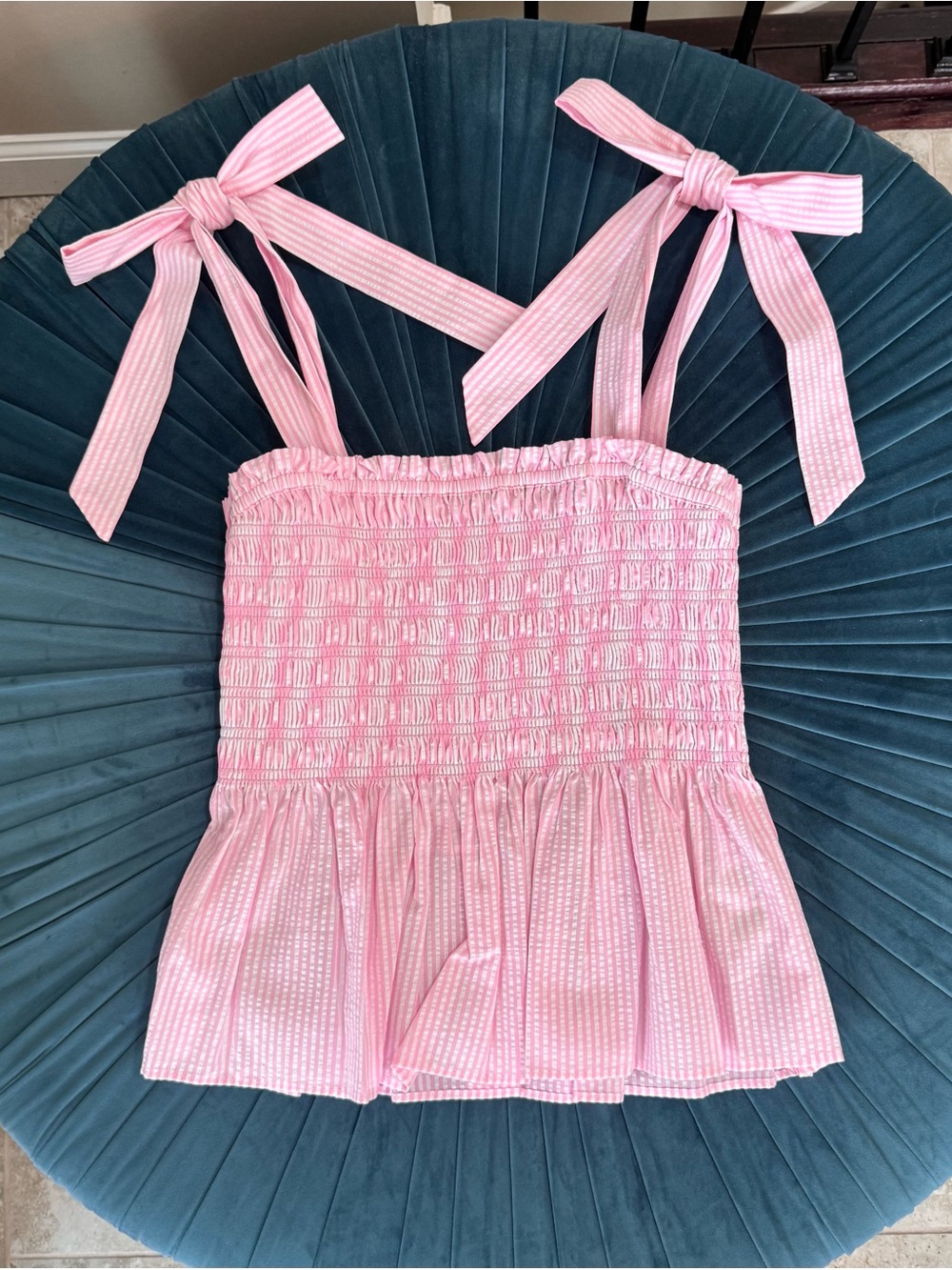 Lilly Pulitzer, Pink Seersucker Smocked Tie-Shoulder Tank, Size M